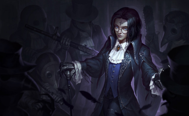 Обои картинки фото фэнтези, роботы,  киборги,  механизмы, парень, крест, очки, трость, существа, маски