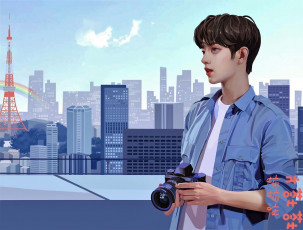 Картинка рисованное люди сяо джань рубашка фотоаппарат крыша город