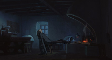 Картинка аниме howl`s+moving+castle мужчина крылья камин