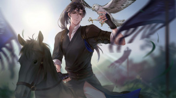 Картинка аниме unknown +другое+ парень всадник лошадь сокол