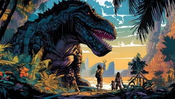 Картинка рисованное животные +доисторические нейросети графика нейроарт ai art нейронные сети рисунки нейро искусство динозавр люди джунгли