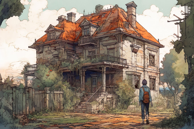 Обои картинки фото аниме, город,  улицы,  интерьер,  здания, старый, заросший, дом