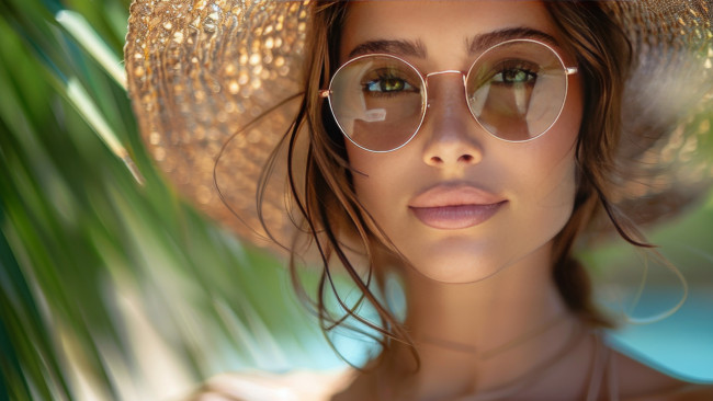 Обои картинки фото девушки, - лица,  портреты, очки, портрет, шляпа