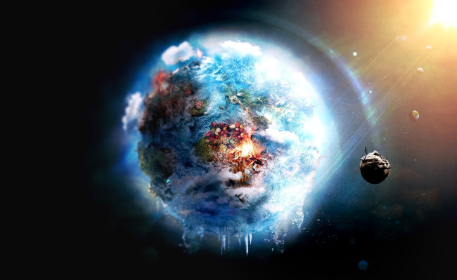 Обои картинки фото разное, компьютерный дизайн, планета, спутник, облака, цветы