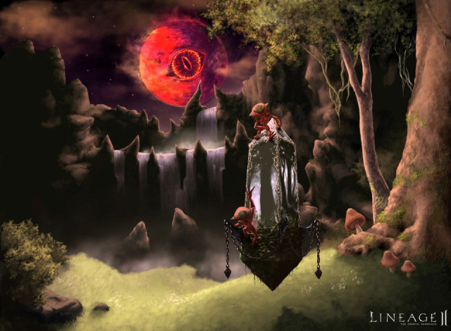 Обои картинки фото видео игры, lineage ii,  the chaotic chronicle, луна, глаз, лес, скалы, камни, водопад, существа