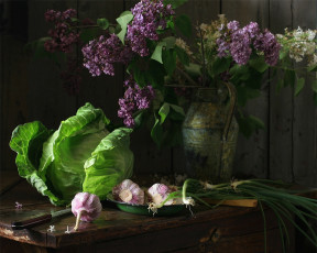 Картинка ира быкова сирень капуста молодой чеснок еда натюрморт
