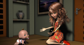 Картинка 3д графика people люди мать ребенок