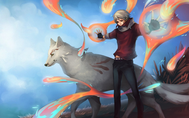Обои картинки фото аниме, animals, магия, волк, парень