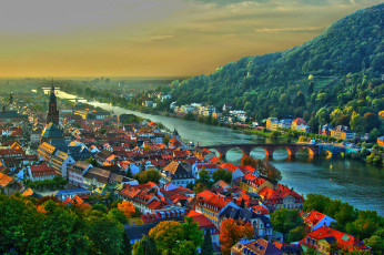 Картинка heidelberg germany города гейдельберг германия neckar river хайдельберг река неккар мост здания крыши холм закат