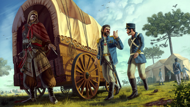 Обои картинки фото рисованные, люди, ассасин, солдаты, повозка