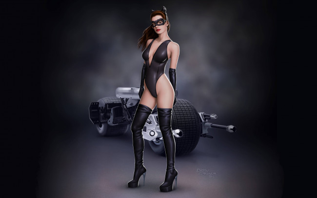 Обои картинки фото рисованные, комиксы, мото, кошка