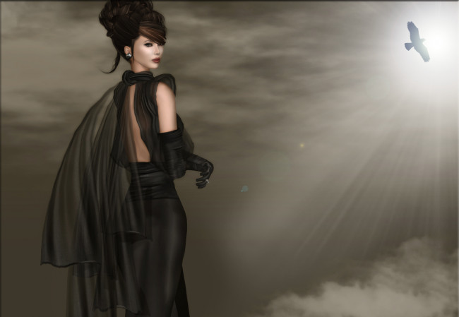 Обои картинки фото 3д, графика, people, люди, птица, платье