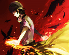 Картинка аниме k+project парень k-project misaki yata арт магия огонь птицы перья наушники