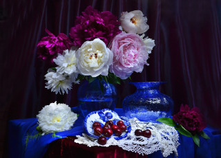 Картинка цветы пионы букет черешня