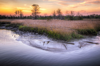 Картинка природа реки озера река луг заря тучи деревья