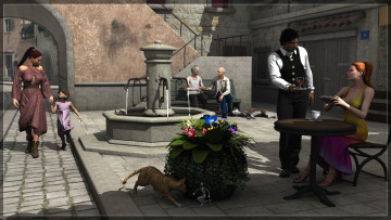 Картинка 3д+графика люди+ people люди двор дом кот