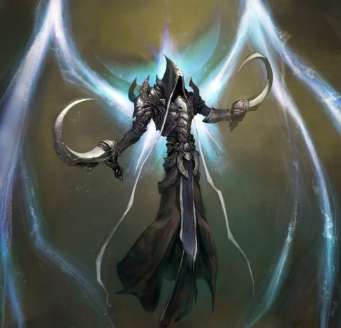 Обои картинки фото видео игры, diablo iii,  reaper of souls, арт, дьявол, оружие, серпы, капюшон, крылья