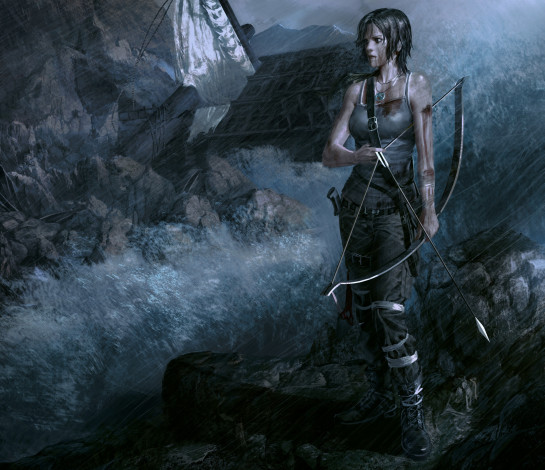 Обои картинки фото видео игры, tomb raider 2013, дождь, брызги, вода, шторм, тучи, серость, бинты, шатенка, стрела, лук, девушка
