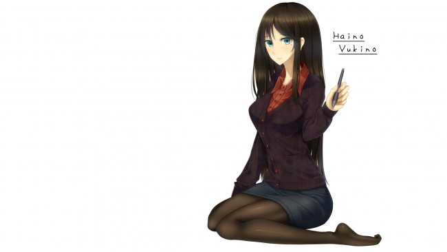 Обои картинки фото аниме, *unknown , другое, шатенка, белый, фон, девушка