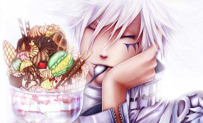 Обои картинки фото аниме, katekyo hitman reborn, katekyou, hitman, reborn, улыбка, byakuran, парень, фон, inira, art, мороженое, ложка