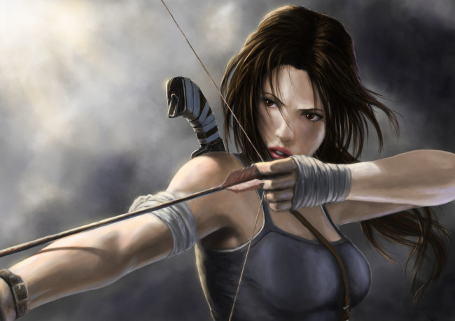 Обои картинки фото видео игры, tomb raider 2013, лук, девушка, стрела, шатенка, бинты, тучи, серость