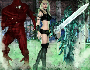 Картинка 3д+графика фантазия+ fantasy существо девушка взгляд фон оружие