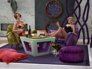 Картинка 3д+графика люди+ people фон стол улыбка девушки взгляд вино кот