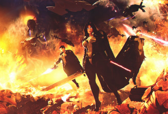 Картинка фэнтези девушки огонь война лазер меч супергерои битва synestra