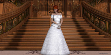 Картинка 3д+графика люди+ people девушка взгляд фон платье лестница рыжая перчатки