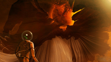 обоя фэнтези, роботы,  киборги,  механизмы, gaia, скафандр, цветок, разрушение