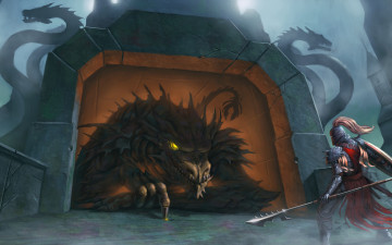 Картинка фэнтези драконы замок дракон арт щит копье доспехи рыцарь