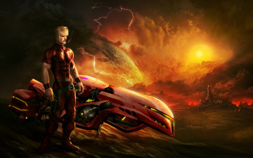 Картинка фэнтези люди hovercraft bike закат город фантастика арт мужчина