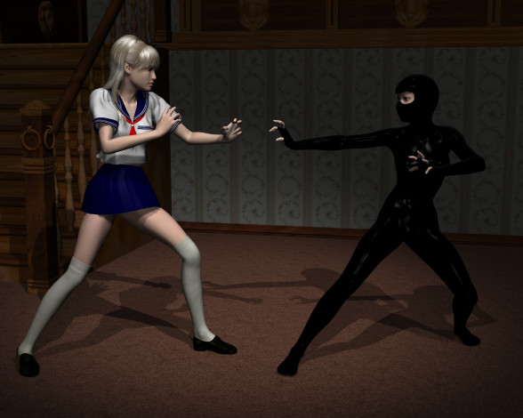 Обои картинки фото 3д графика, фантазия , fantasy, девушка, взгляд, фон, поза, ниндзя