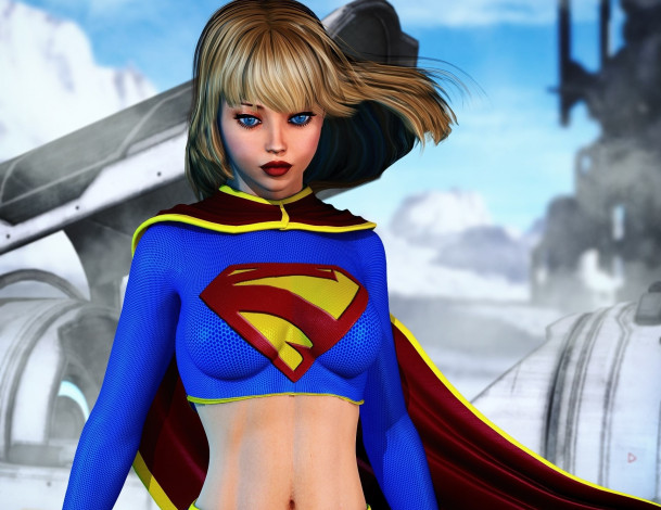 Обои картинки фото 3д графика, фантазия , fantasy, девушка, супермен, фон, взгляд