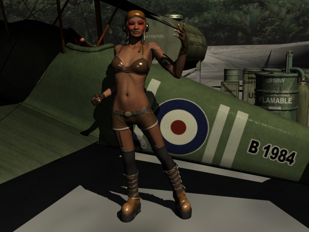 Обои картинки фото 3д графика, люди , people, девушка, самолет, фон, взгляд