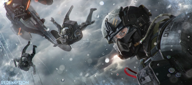 Обои картинки фото фэнтези, люди, art, дождь, шлем, война, redemption, десант, солдаты