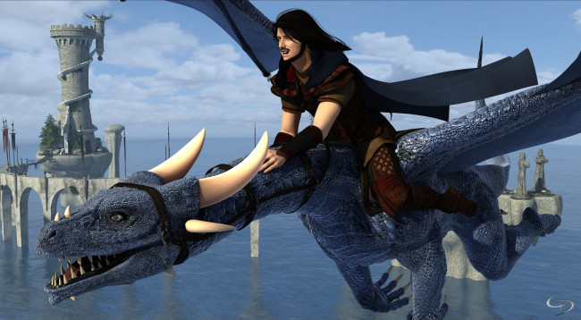 Обои картинки фото 3д графика, фантазия , fantasy, небо, облака, море, замок, дракон, полет, взгляд, фон, мужчина