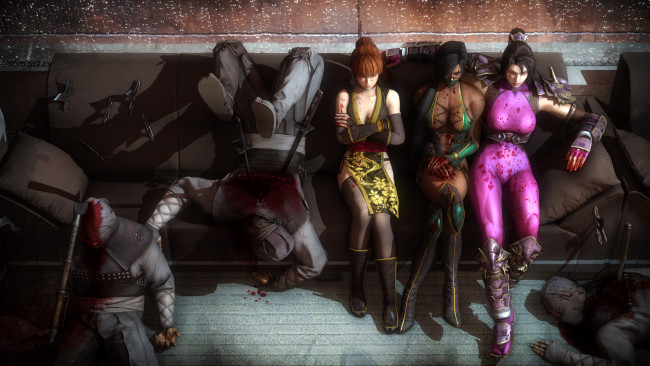 Обои картинки фото 3д графика, фантазия , fantasy, кровь, ниндзя, фон, взгляд, девушки