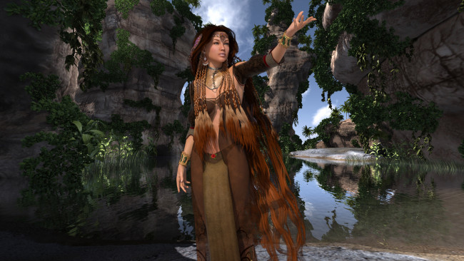 Обои картинки фото 3д графика, люди , people, девушка, взгляд, фон, река, горы, небо