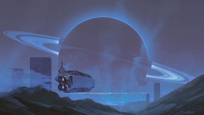 Обои картинки фото фэнтези, космические корабли,  звездолеты,  станции, арт, космический, корабль, пояс, планета, фантастика, горы
