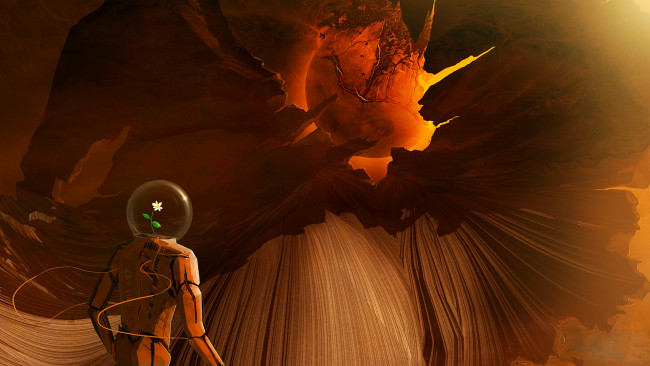 Обои картинки фото фэнтези, роботы,  киборги,  механизмы, gaia, скафандр, цветок, разрушение