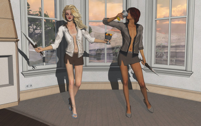 Обои картинки фото 3д графика, фантазия , fantasy, чаши, оружие, фон, взгляд, девушки