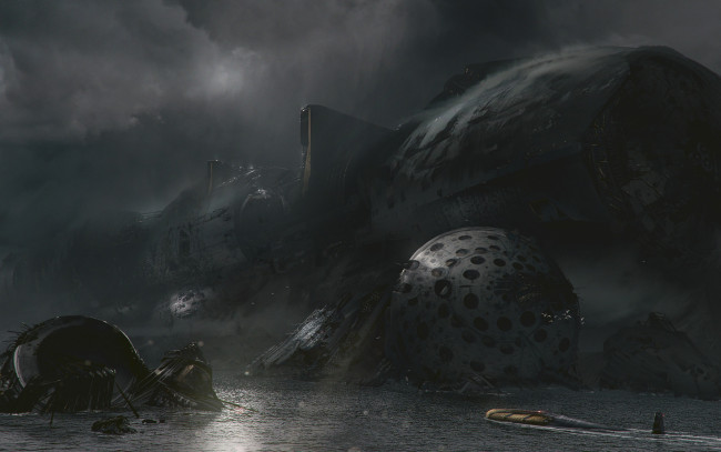 Обои картинки фото фэнтези, иные миры,  иные времена, art, starship, крушение, корабль, фантастика, небо, тучи, облака