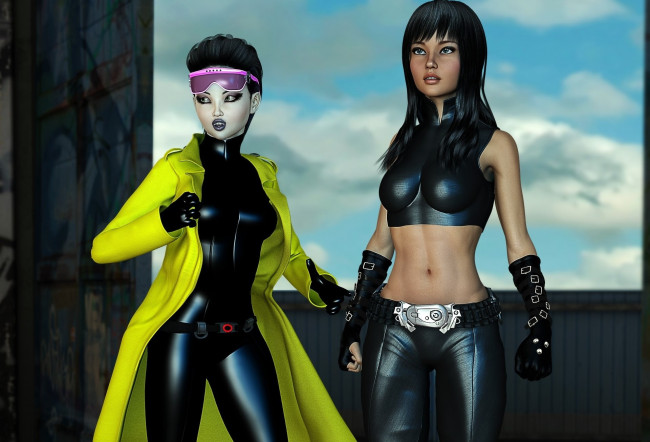 Обои картинки фото 3д графика, люди , people, девушки, облака, небо, взгляд, фон