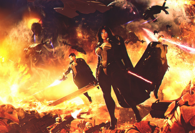 Обои картинки фото фэнтези, девушки, огонь, война, лазер, меч, супергерои, битва, synestra