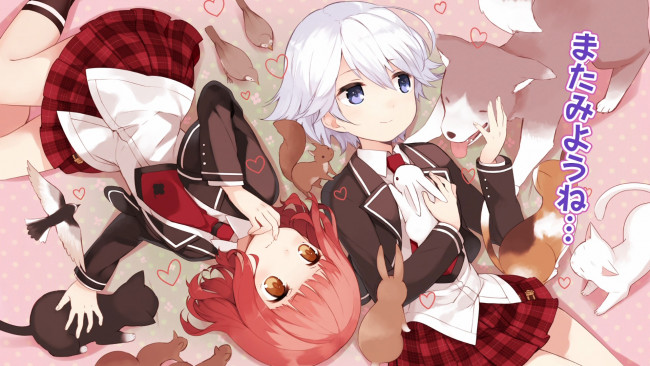 Обои картинки фото аниме, anne happy, фон, взгляд, девушки