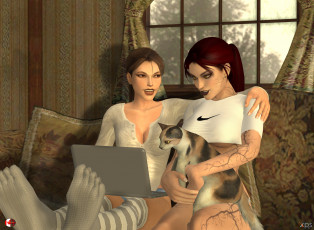 обоя 3д графика, люди и животные , people and animals, кот, фон, взгляд, девушки