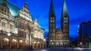 Картинка города -+католические+соборы +костелы +аббатства бременская ратуша бремен огни город синева архитектура германия освещение germany bremen небо ночь city hall night