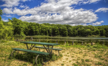 Картинка природа реки озера деревья облака скамейка стол вода