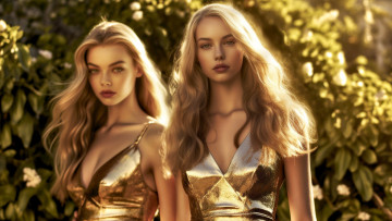 Картинка нейросеть рисованное живопись взгляд девушка свет природа поза девушки блеск портрет платье арт блондинки две красотки длинные волосы подруги цифровая цифровое искусство диджитал